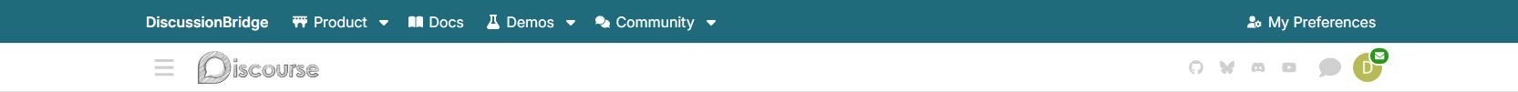 DiscussionBridge Forum: product, documentation, demo and community navigation with header icons