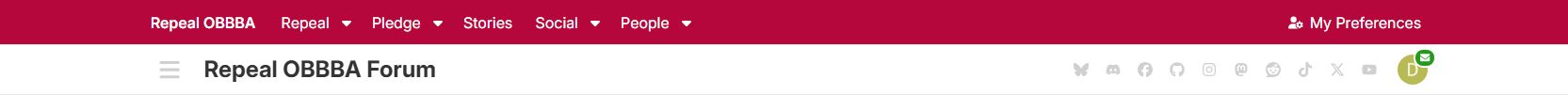 Repeal OBBBA Forum: red navigation bar and social icons in the forum header