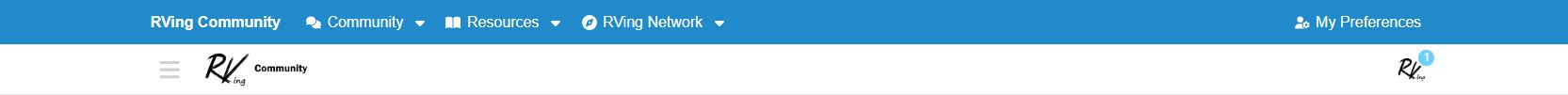 RVing Community: blue navigation bar, community menus and forum logo
